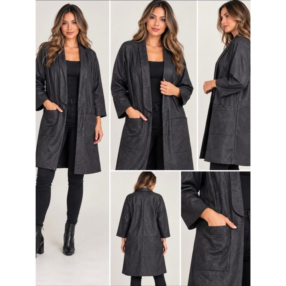 Vintage 1980s Pierre Lamonte Black Faux Leather Long Duster Jacket Coat Size 6